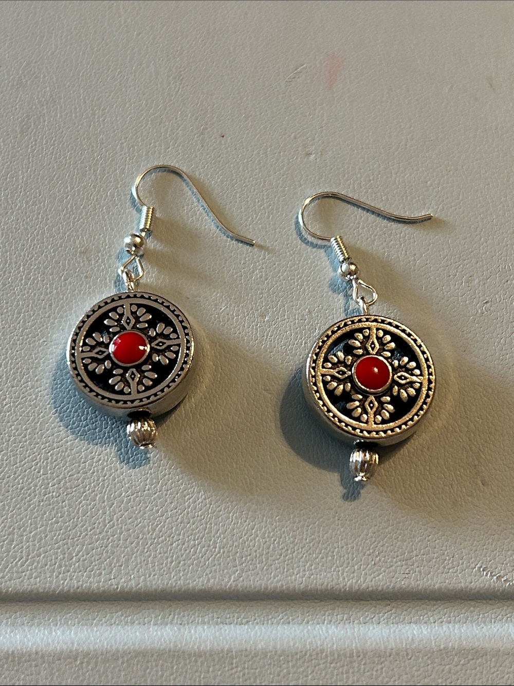 Silver-Tone Red blue Accent Filigree Drop Earrings